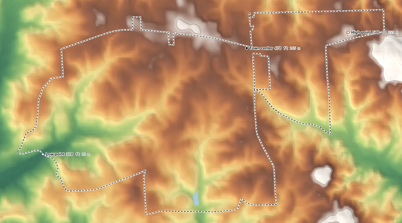 Topographic elevation map of Ladonia, Alabama, shaded from 320 ft on the southwest side to 500 ft on the east side