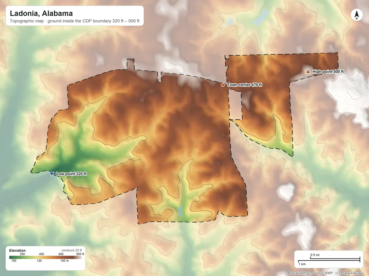 Topographic elevation map of Ladonia, Alabama, shaded from 320 ft on the southwest side to 500 ft on the east side
