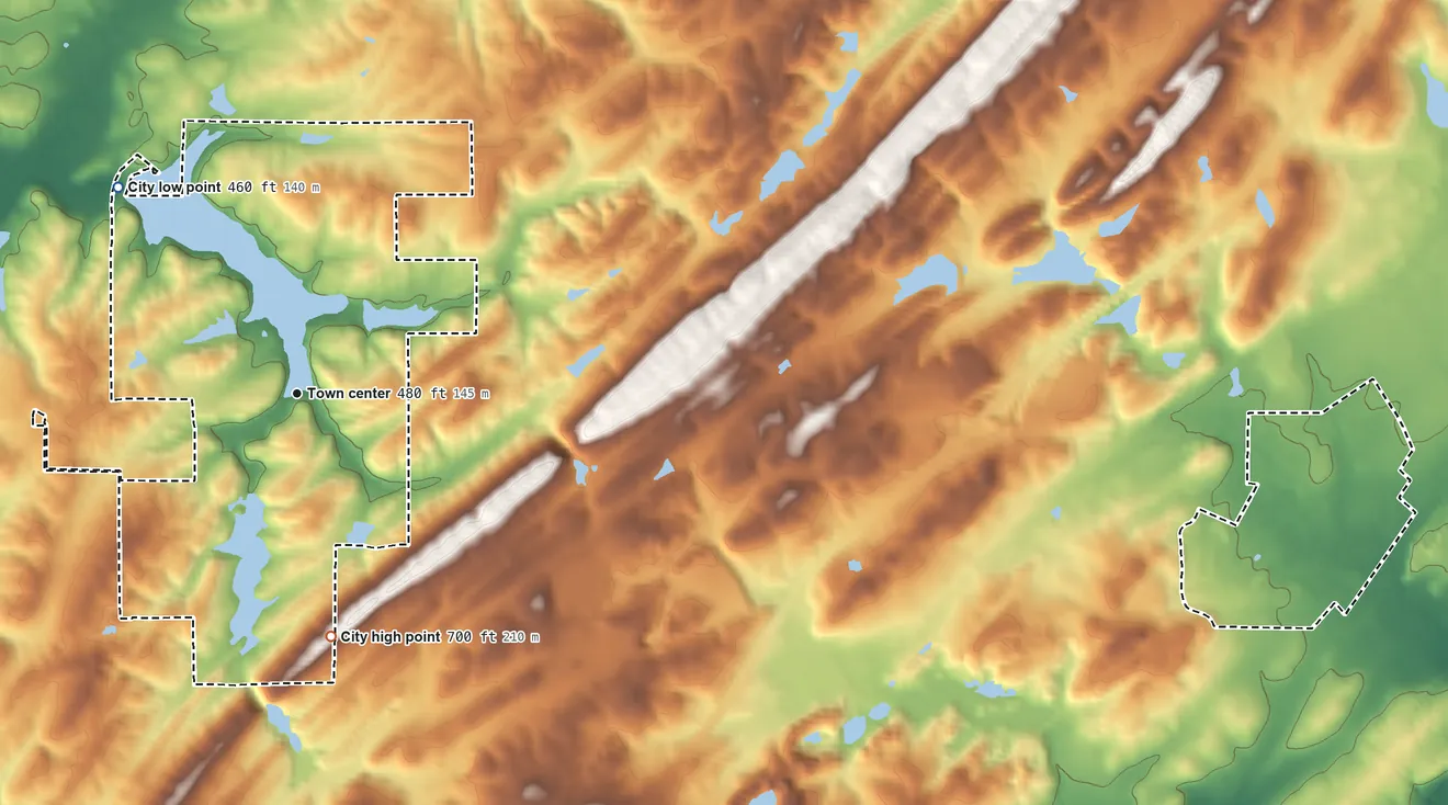 Topographic elevation map of Lake View, Alabama, shaded from 460 ft on the northwest side to 700 ft on the south side