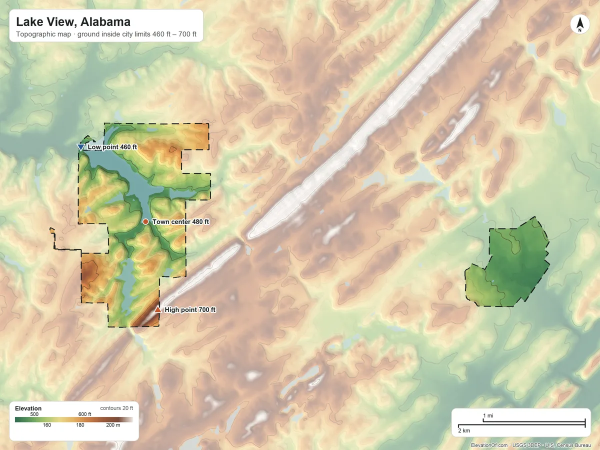 Topographic elevation map of Lake View, Alabama, shaded from 460 ft on the northwest side to 700 ft on the south side