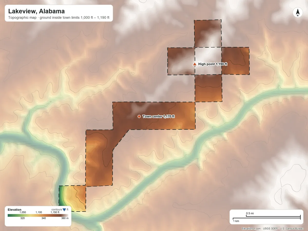 Topographic elevation map of Lakeview, Alabama, shaded from 1,000 ft on the southwest side to 1,190 ft on the northeast side