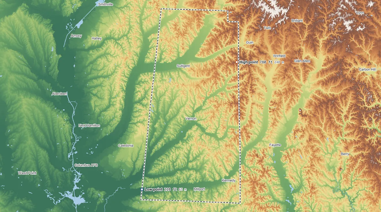 Topographic elevation map of Lamar County, Alabama, shaded from 210 ft on the southwest side to 780 ft on the northeast side