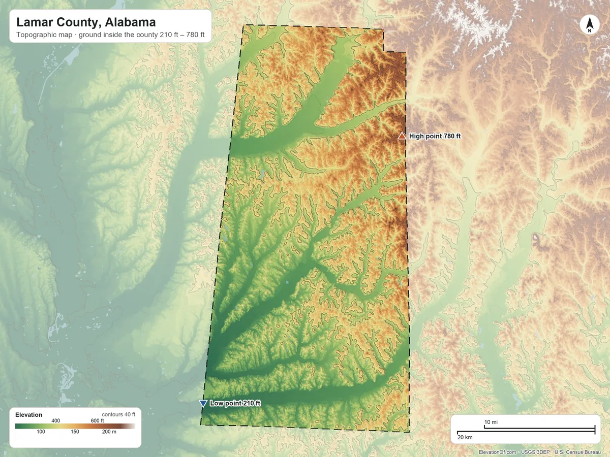 Topographic elevation map of Lamar County, Alabama, shaded from 210 ft on the southwest side to 780 ft on the northeast side