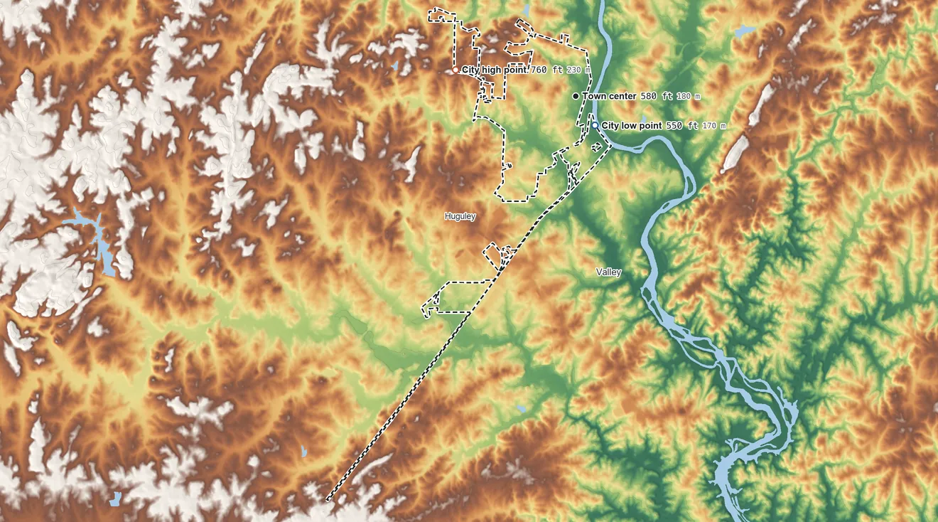 Topographic elevation map of Lanett, Alabama, shaded from 550 ft near the middle to 760 ft on the west side