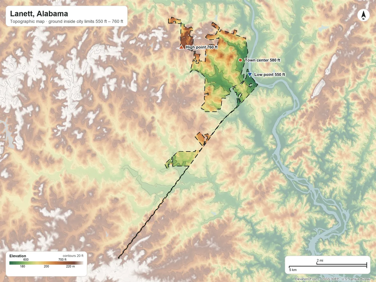 Topographic elevation map of Lanett, Alabama, shaded from 550 ft near the middle to 760 ft on the west side
