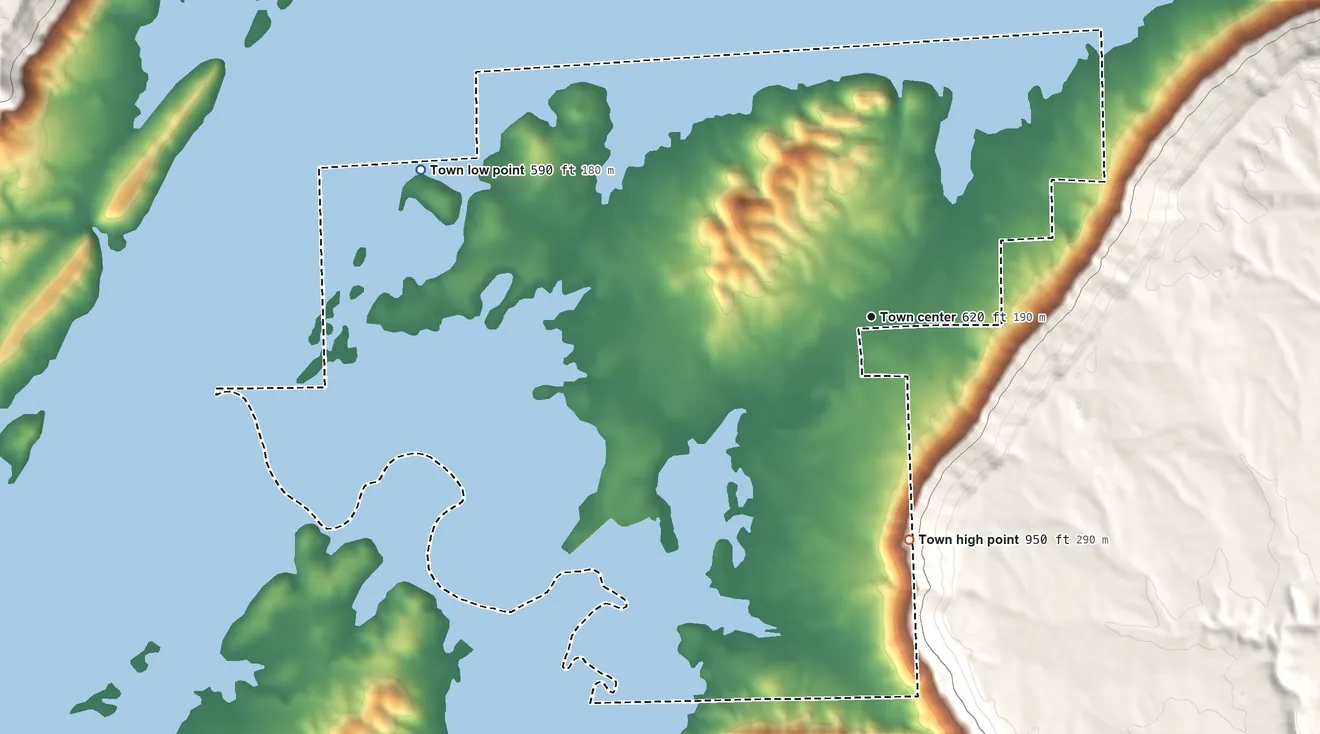 Topographic elevation map of Langston, Alabama, shaded from 590 ft on the west side to 950 ft on the south edge, below higher ground just outside