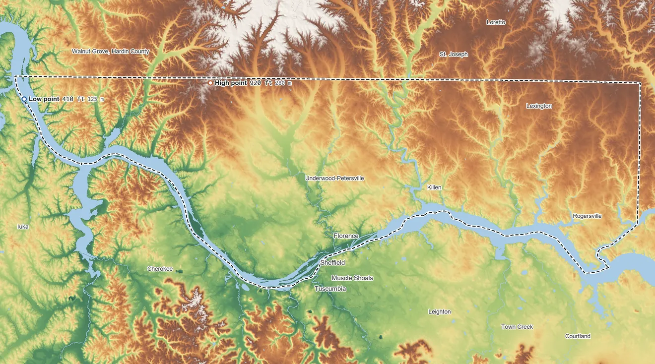 Topographic elevation map of Lauderdale County, Alabama, shaded from 410 ft on the west side to 920 ft on the northwest side