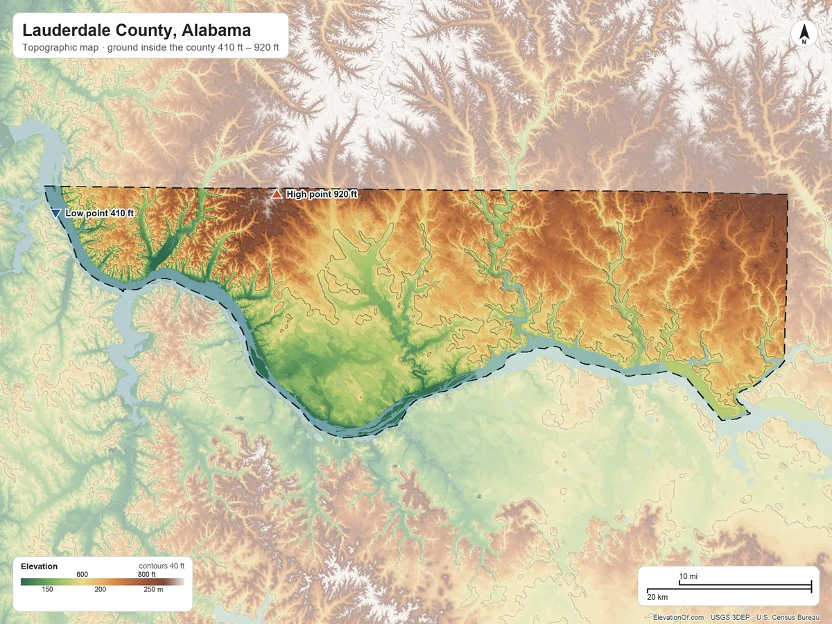 Topographic elevation map of Lauderdale County, Alabama, shaded from 410 ft on the west side to 920 ft on the northwest side