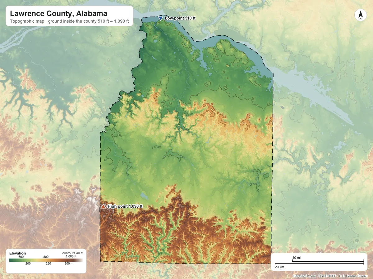 Topographic elevation map of Lawrence County, Alabama, shaded from 510 ft on the north side to 1,090 ft on the southwest side