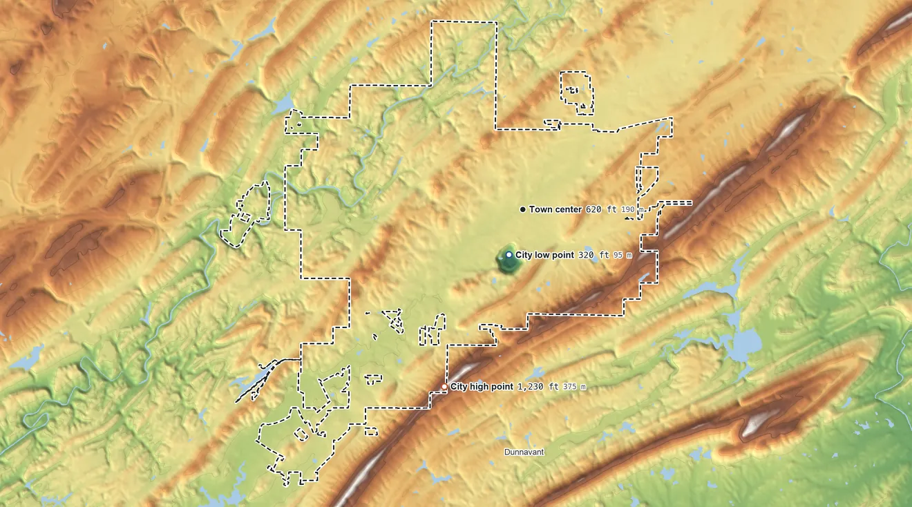 Topographic elevation map of Leeds, Alabama, shaded from 320 ft near the middle to 1,230 ft on the southwest side