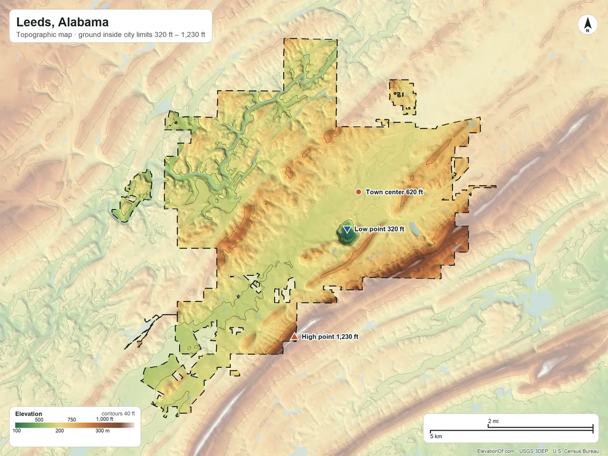 Topographic elevation map of Leeds, Alabama, shaded from 320 ft near the middle to 1,230 ft on the southwest side