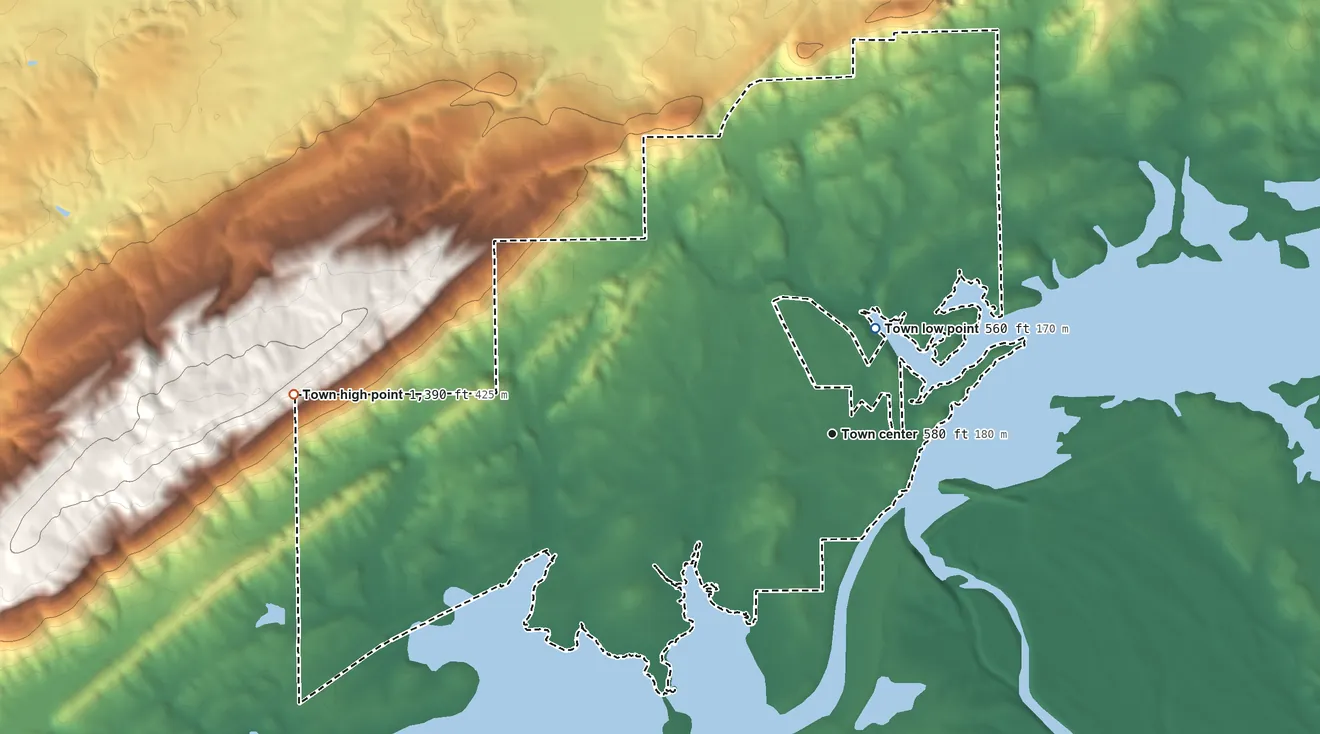 Topographic elevation map of Leesburg, Alabama, shaded from 560 ft on the north side to 1,390 ft on the west side