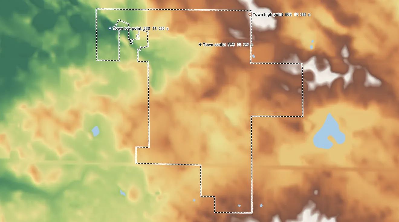 Topographic elevation map of Leighton, Alabama, shaded from 530 ft on the west side to 600 ft on the northeast side