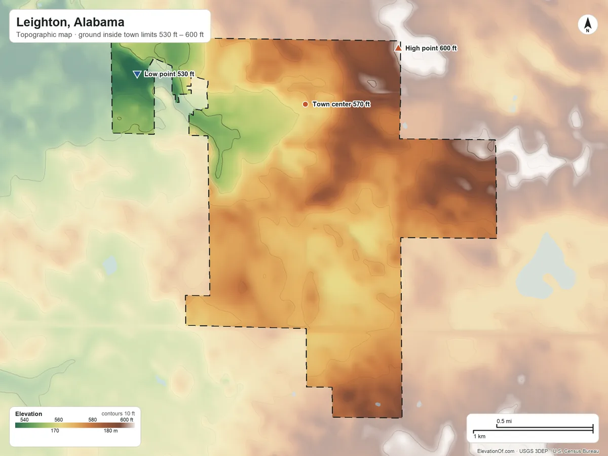 Topographic elevation map of Leighton, Alabama, shaded from 530 ft on the west side to 600 ft on the northeast side