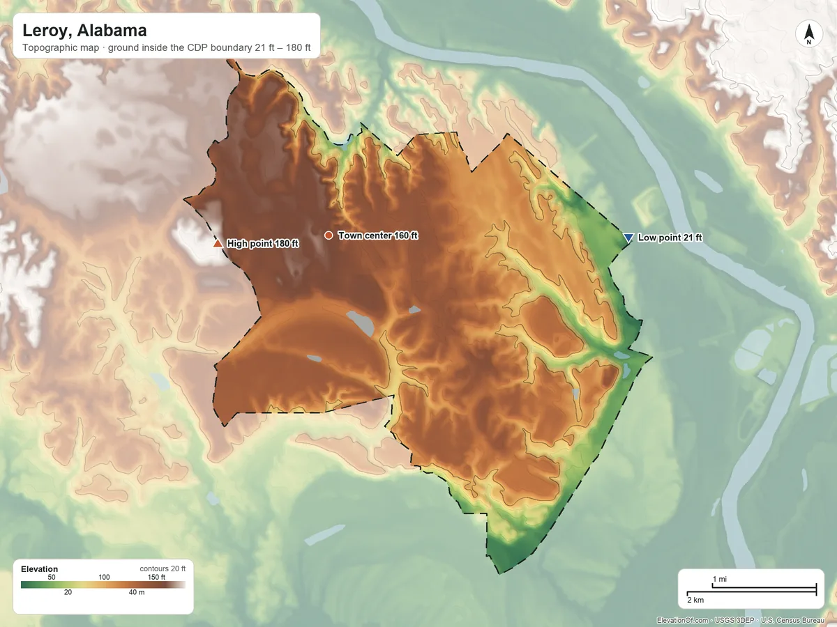 Topographic elevation map of Leroy, Alabama, shaded from 21 ft on the east side to 180 ft on the west side