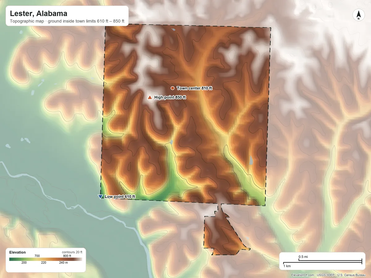Topographic elevation map of Lester, Alabama, shaded from 610 ft on the southwest side to 850 ft near the middle