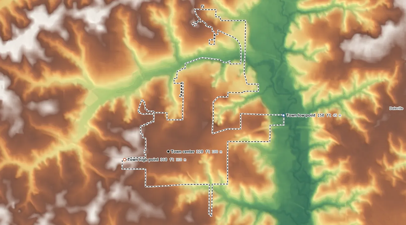 Topographic elevation map of Level Plains, Alabama, shaded from 150 ft on the east side to 360 ft on the west side