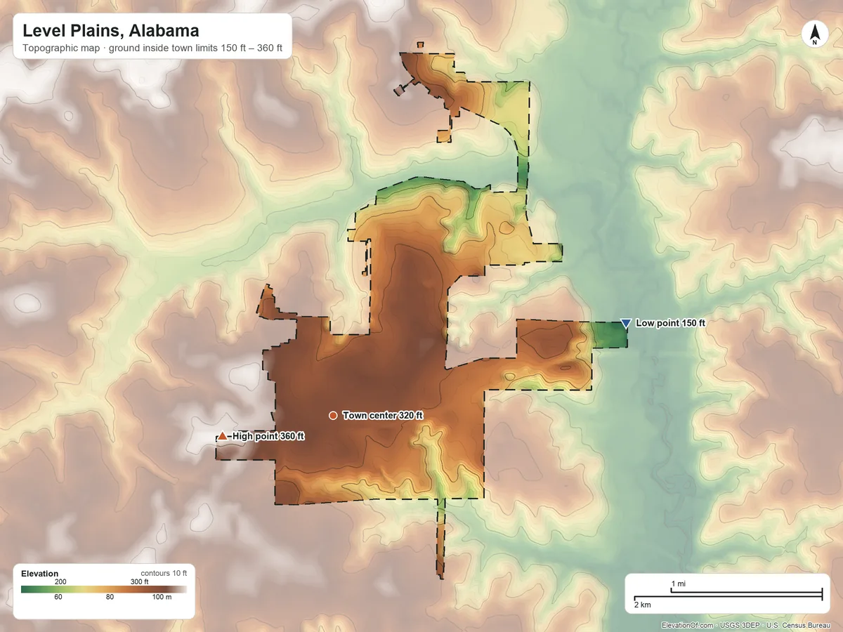 Topographic elevation map of Level Plains, Alabama, shaded from 150 ft on the east side to 360 ft on the west side