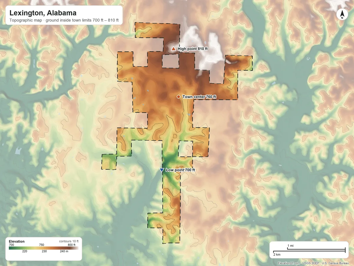 Topographic elevation map of Lexington, Alabama, shaded from 700 ft on the south side to 810 ft on the north side