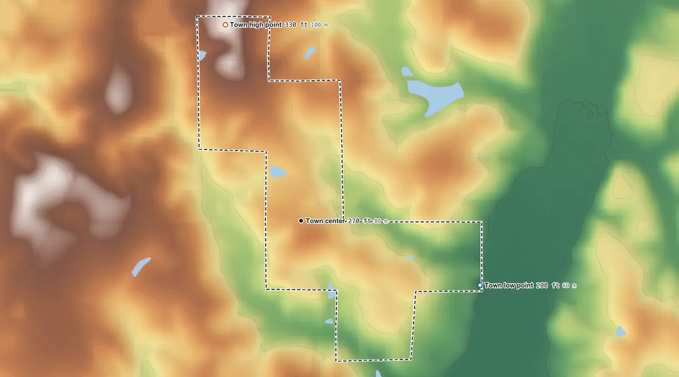 Topographic elevation map of Libertyville, Alabama, shaded from 200 ft on the east side to 330 ft on the north side
