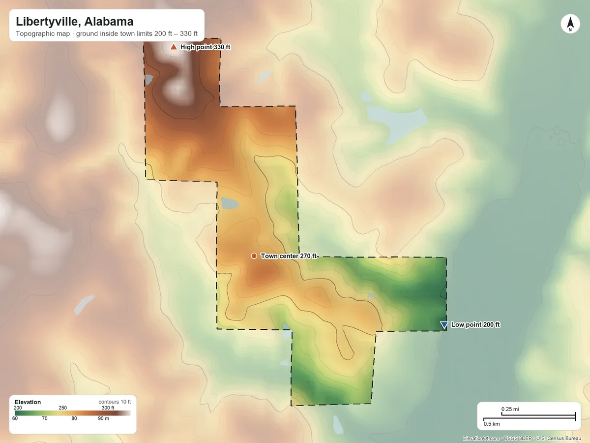 Topographic elevation map of Libertyville, Alabama, shaded from 200 ft on the east side to 330 ft on the north side