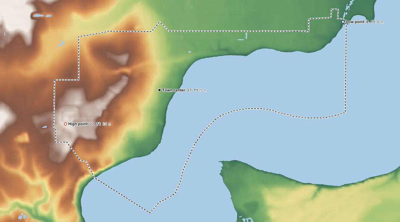 Topographic elevation map of Lillian, Alabama, shaded from sea level level on Perdido Bay to 77 ft on the west side