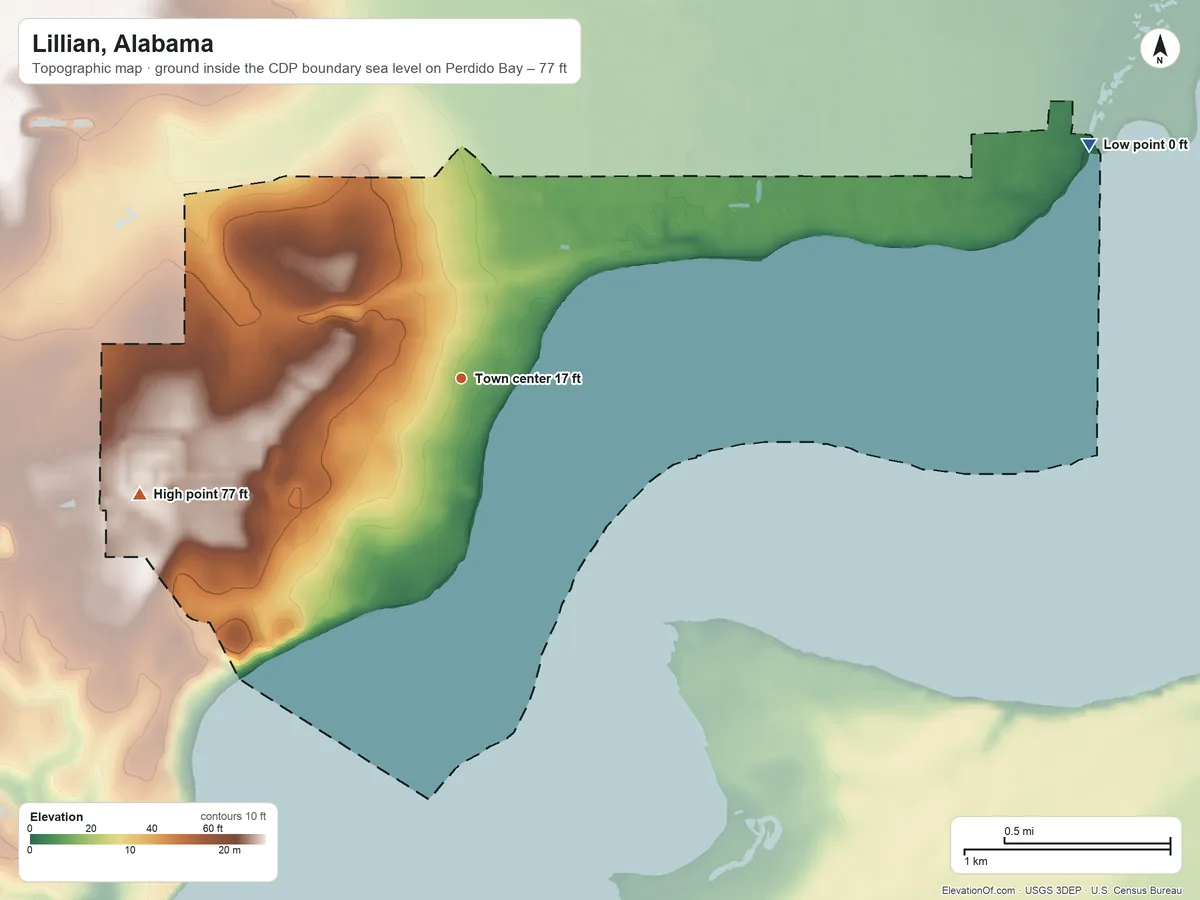 Topographic elevation map of Lillian, Alabama, shaded from sea level level on Perdido Bay to 77 ft on the west side
