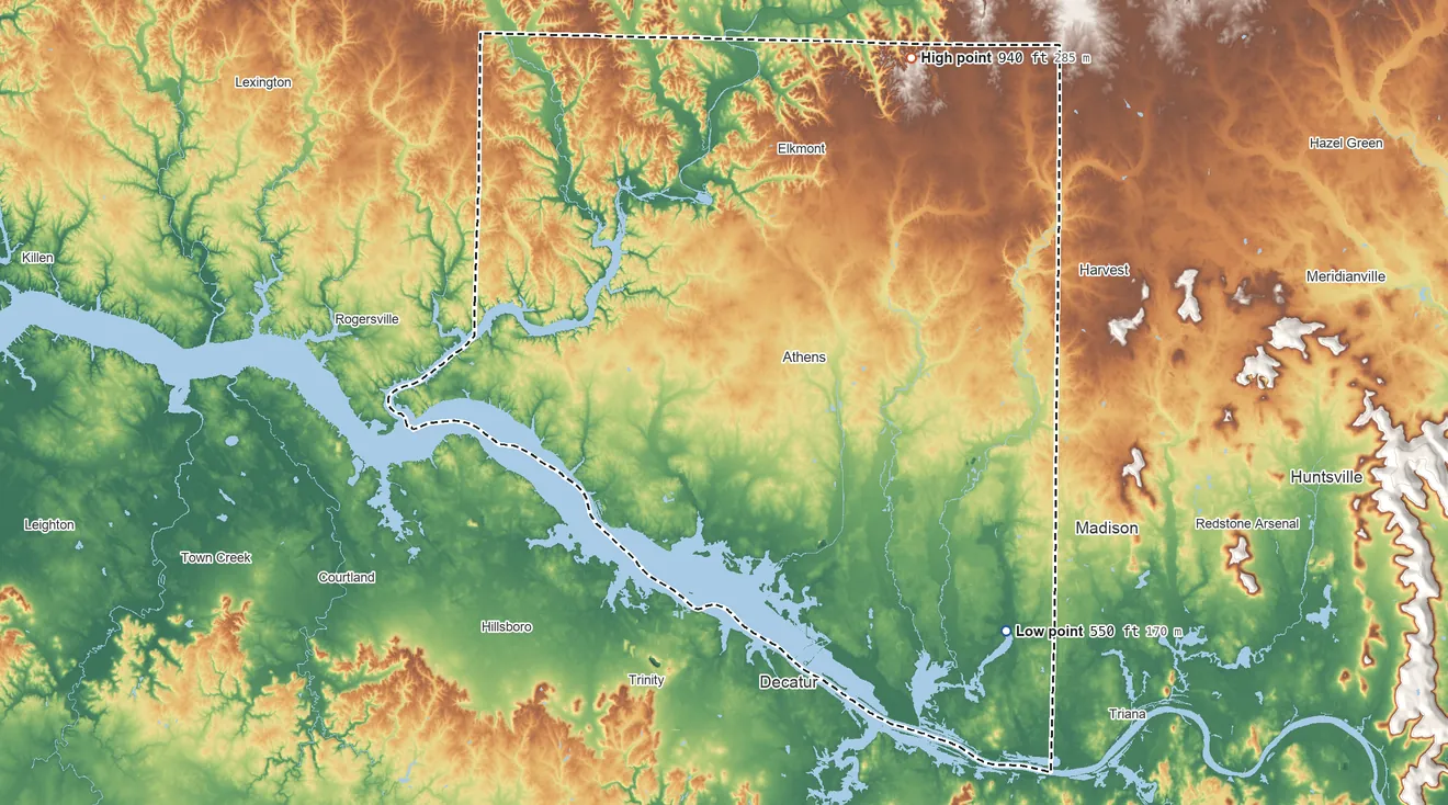 Topographic elevation map of Limestone County, Alabama, shaded from 550 ft on the southeast side to 940 ft on the northeast side
