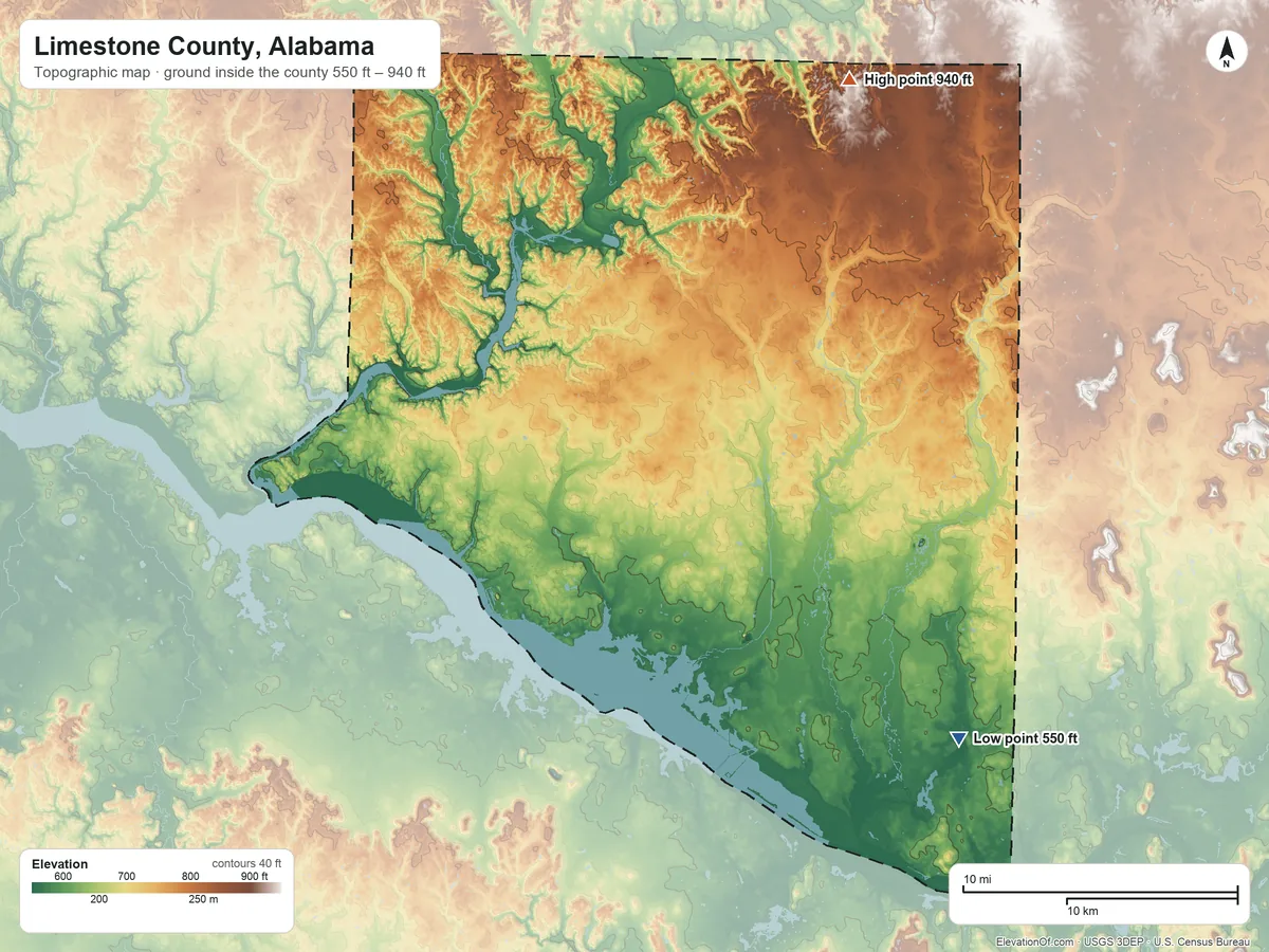 Topographic elevation map of Limestone County, Alabama, shaded from 550 ft on the southeast side to 940 ft on the northeast side