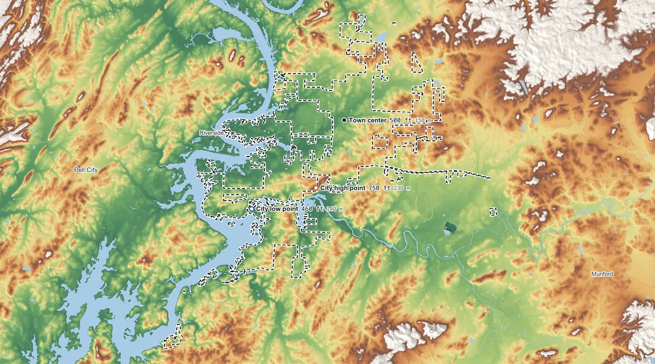 Topographic elevation map of Lincoln, Alabama, shaded from 460 ft on the southwest side to 750 ft on Ragland Mountain