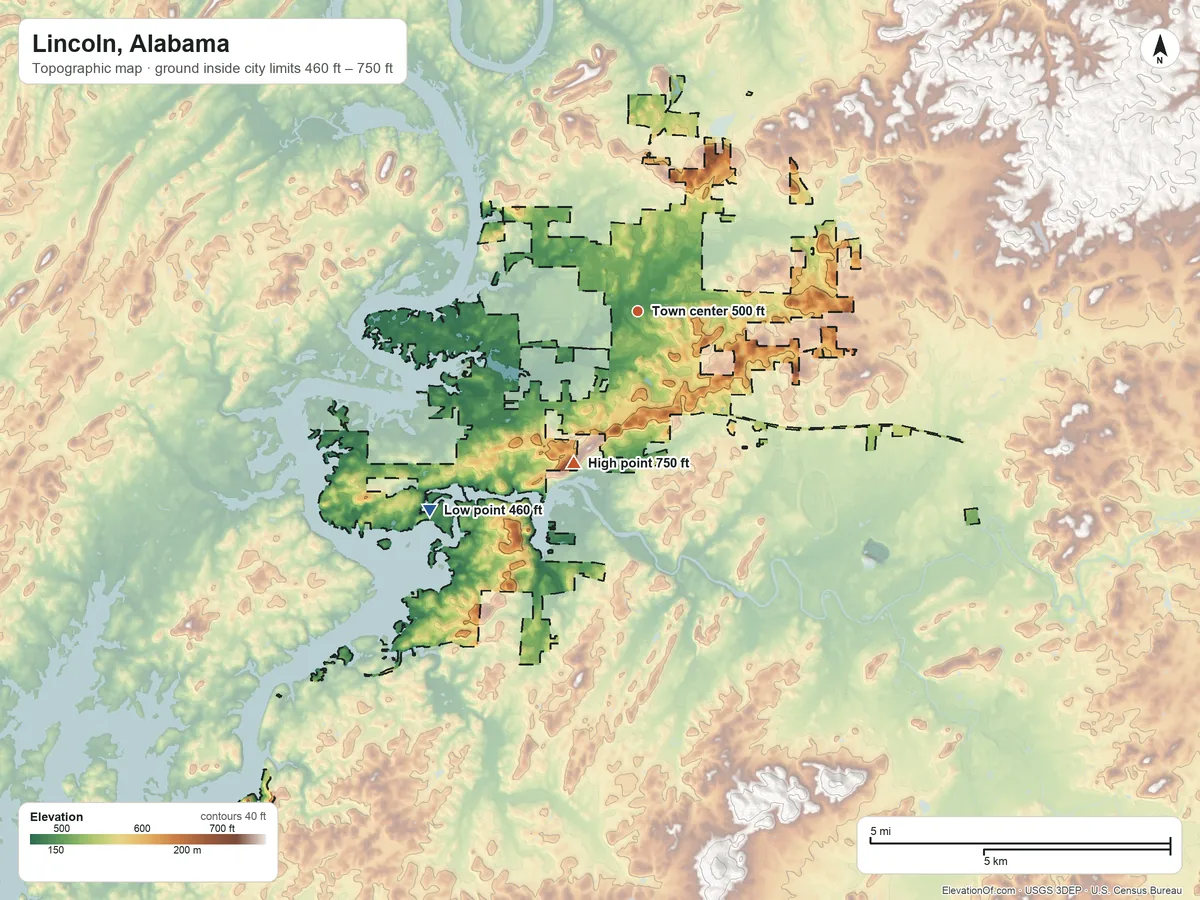 Topographic elevation map of Lincoln, Alabama, shaded from 460 ft on the southwest side to 750 ft on Ragland Mountain