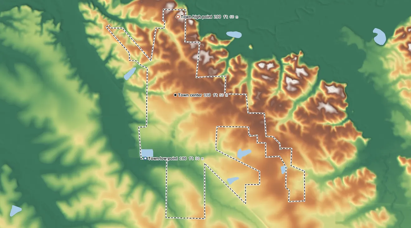 Topographic elevation map of Linden, Alabama, shaded from 100 ft on the southwest side to 200 ft on the north side