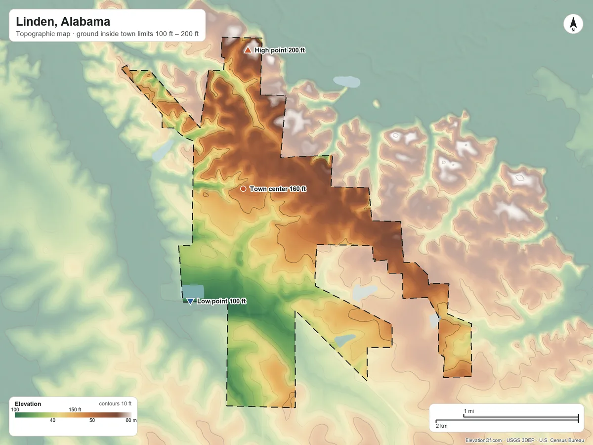 Topographic elevation map of Linden, Alabama, shaded from 100 ft on the southwest side to 200 ft on the north side