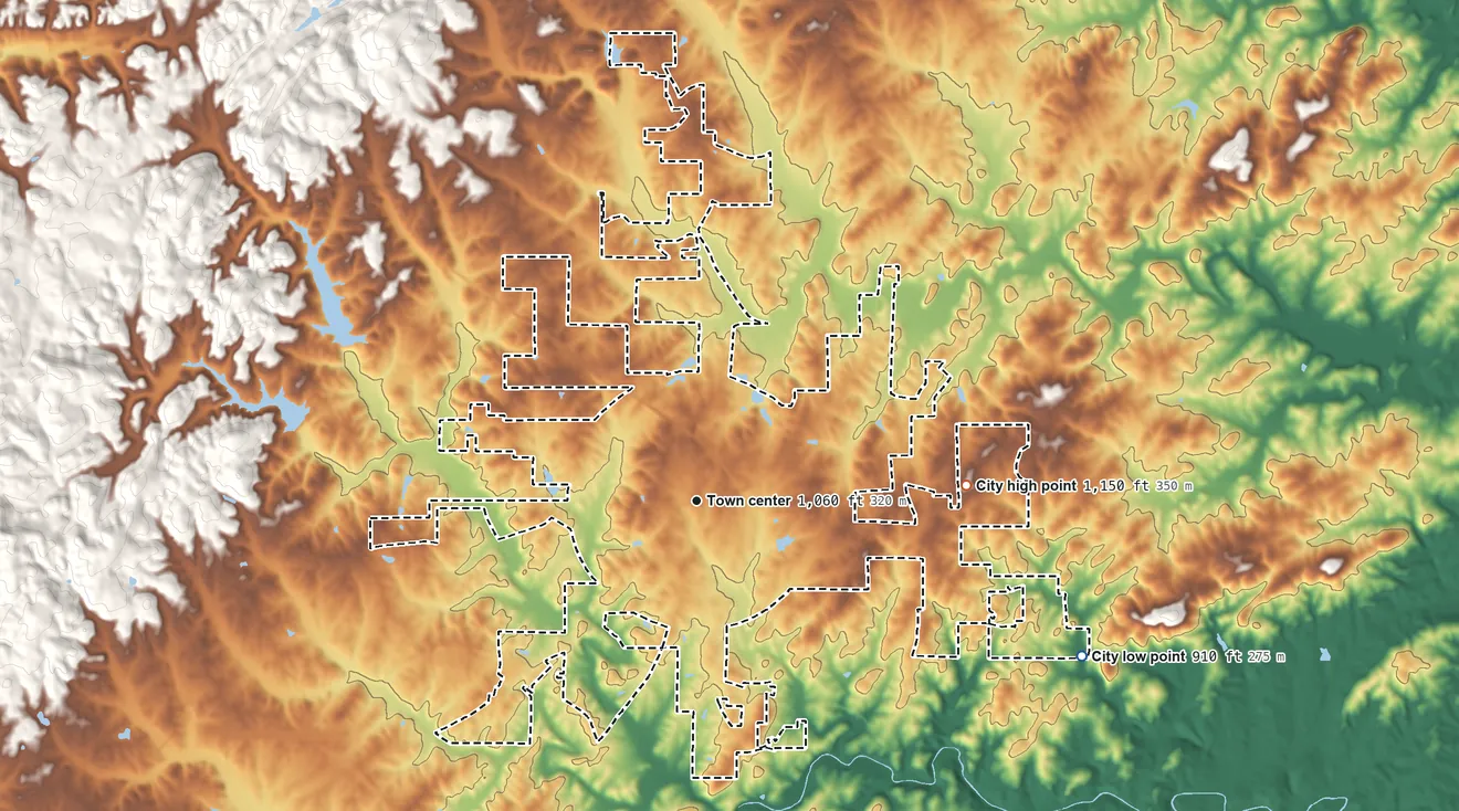 Topographic elevation map of Lineville, Alabama, shaded from 910 ft on the east side to 1,150 ft on the east side