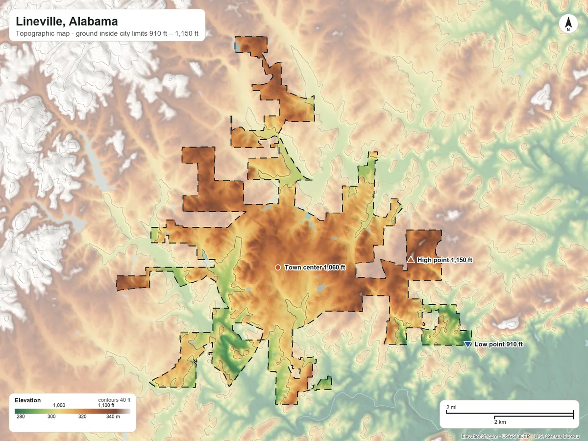 Topographic elevation map of Lineville, Alabama, shaded from 910 ft on the east side to 1,150 ft on the east side