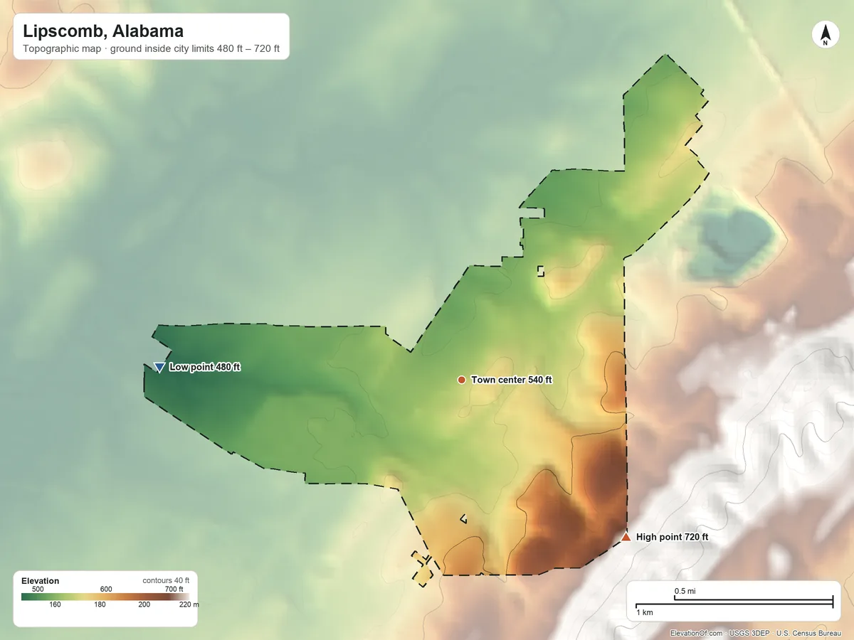 Topographic elevation map of Lipscomb, Alabama, shaded from 480 ft on the west side to 720 ft on the southeast side