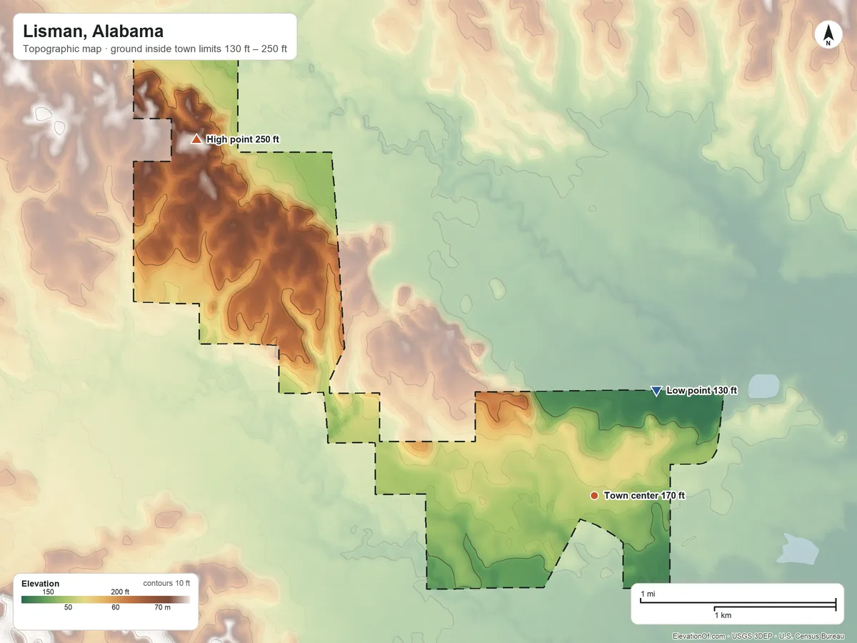 Topographic elevation map of Lisman, Alabama, shaded from 130 ft on the northeast side to 250 ft on the northwest side