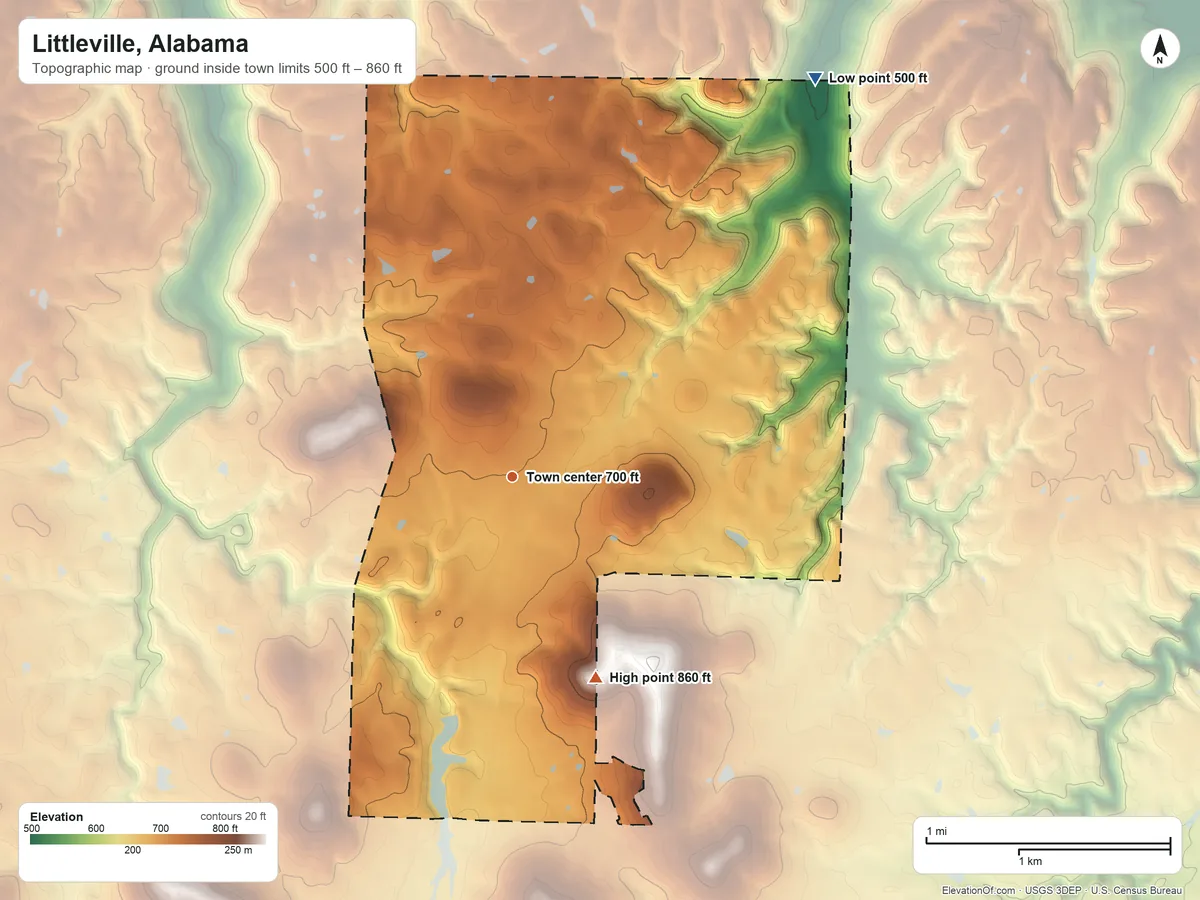 Topographic elevation map of Littleville, Alabama, shaded from 500 ft on the northeast side to 860 ft on the southeast side