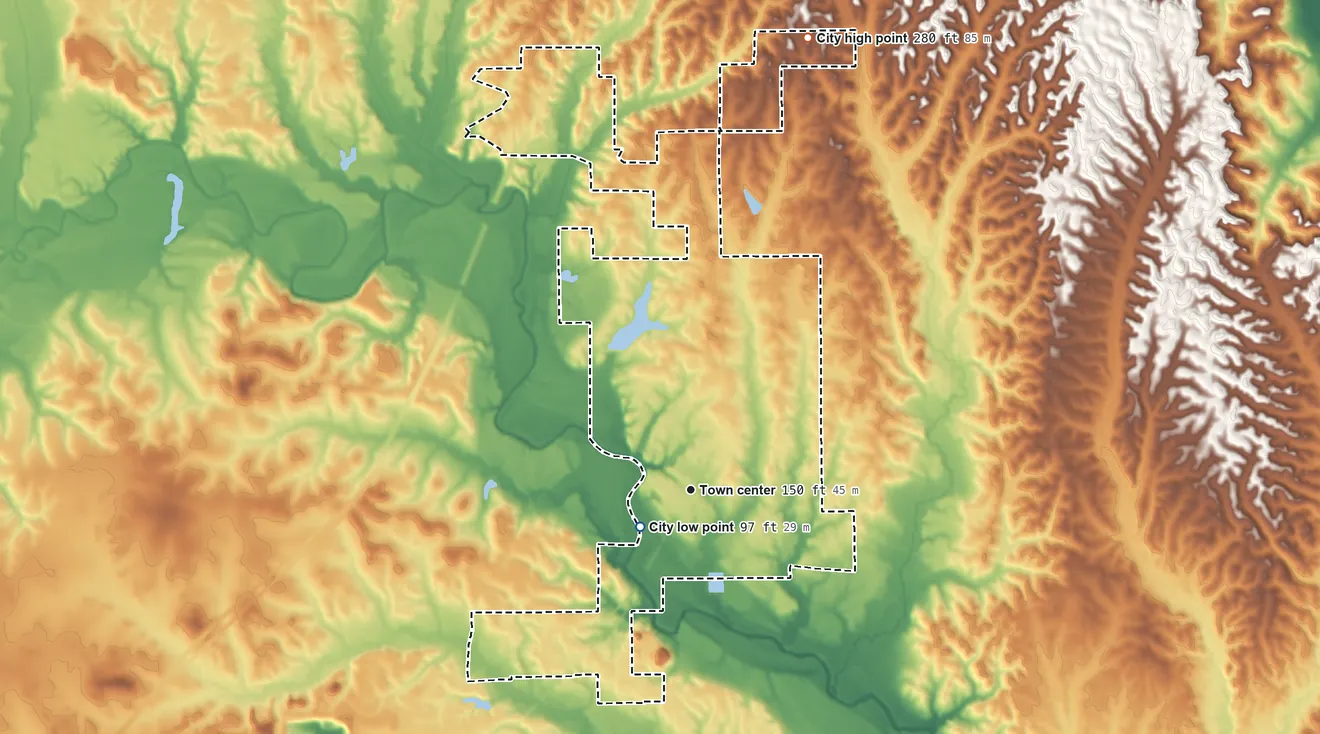 Topographic elevation map of Livingston, Alabama, shaded from 97 ft near the middle to 280 ft on the north side