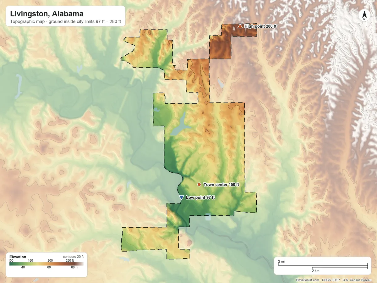 Topographic elevation map of Livingston, Alabama, shaded from 97 ft near the middle to 280 ft on the north side