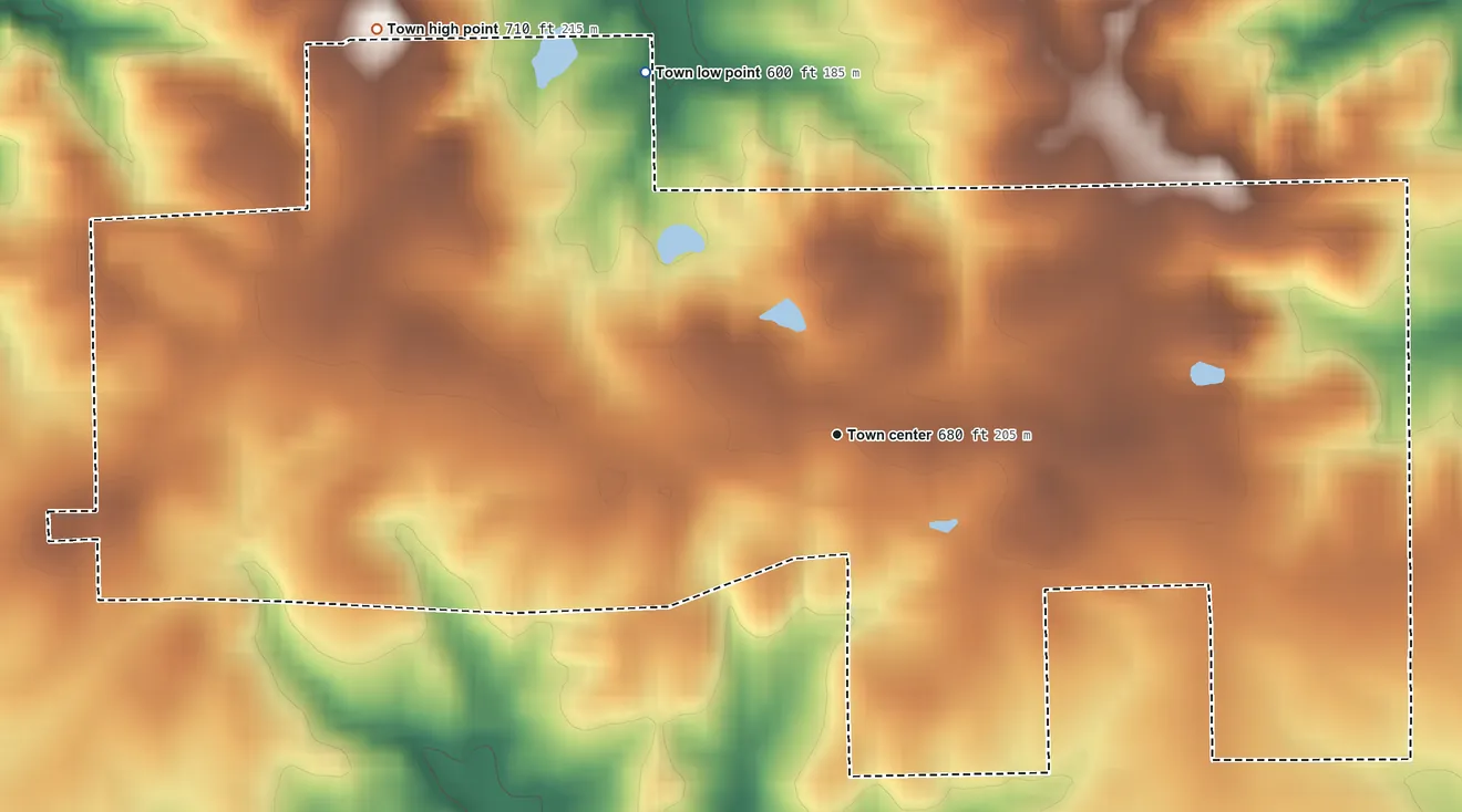 Topographic elevation map of Loachapoka, Alabama, shaded from 600 ft on the northwest side to 710 ft on the northwest side