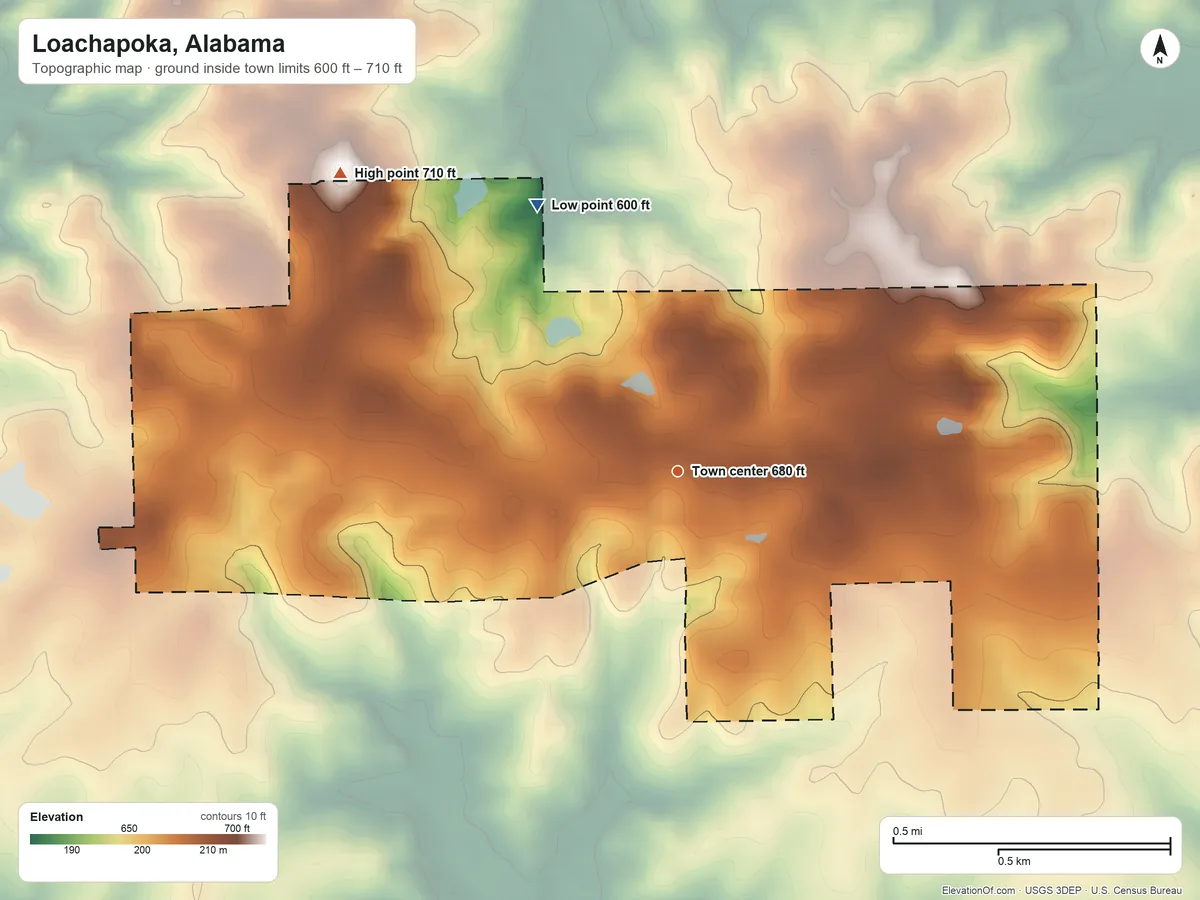 Topographic elevation map of Loachapoka, Alabama, shaded from 600 ft on the northwest side to 710 ft on the northwest side