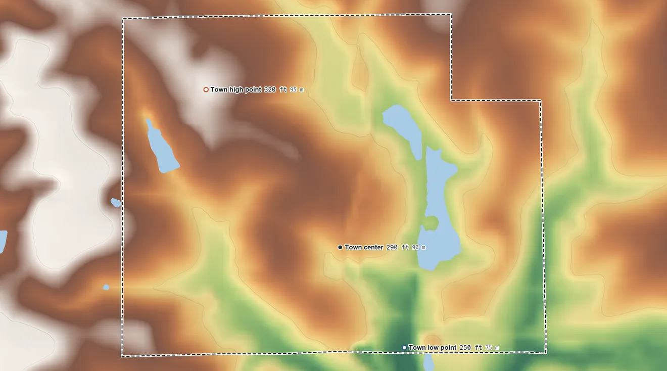 Topographic elevation map of Lockhart, Alabama, shaded from 250 ft on the southeast side to 320 ft on the northwest side