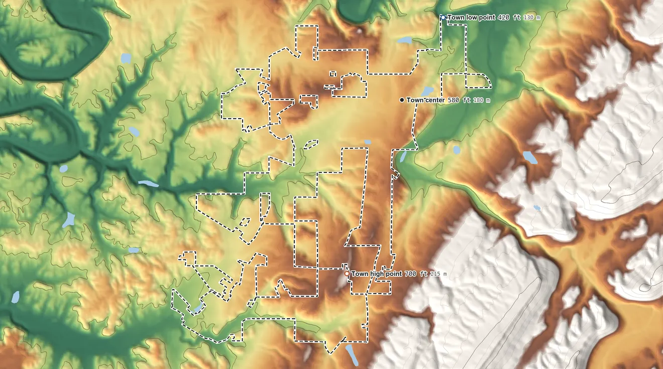 Topographic elevation map of Locust Fork, Alabama, shaded from 420 ft on the northeast side to 700 ft on the south edge, below higher ground just outside