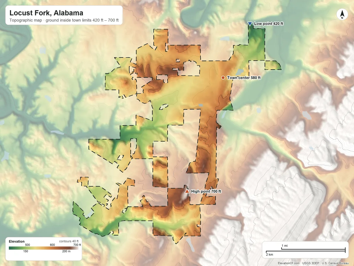 Topographic elevation map of Locust Fork, Alabama, shaded from 420 ft on the northeast side to 700 ft on the south edge, below higher ground just outside