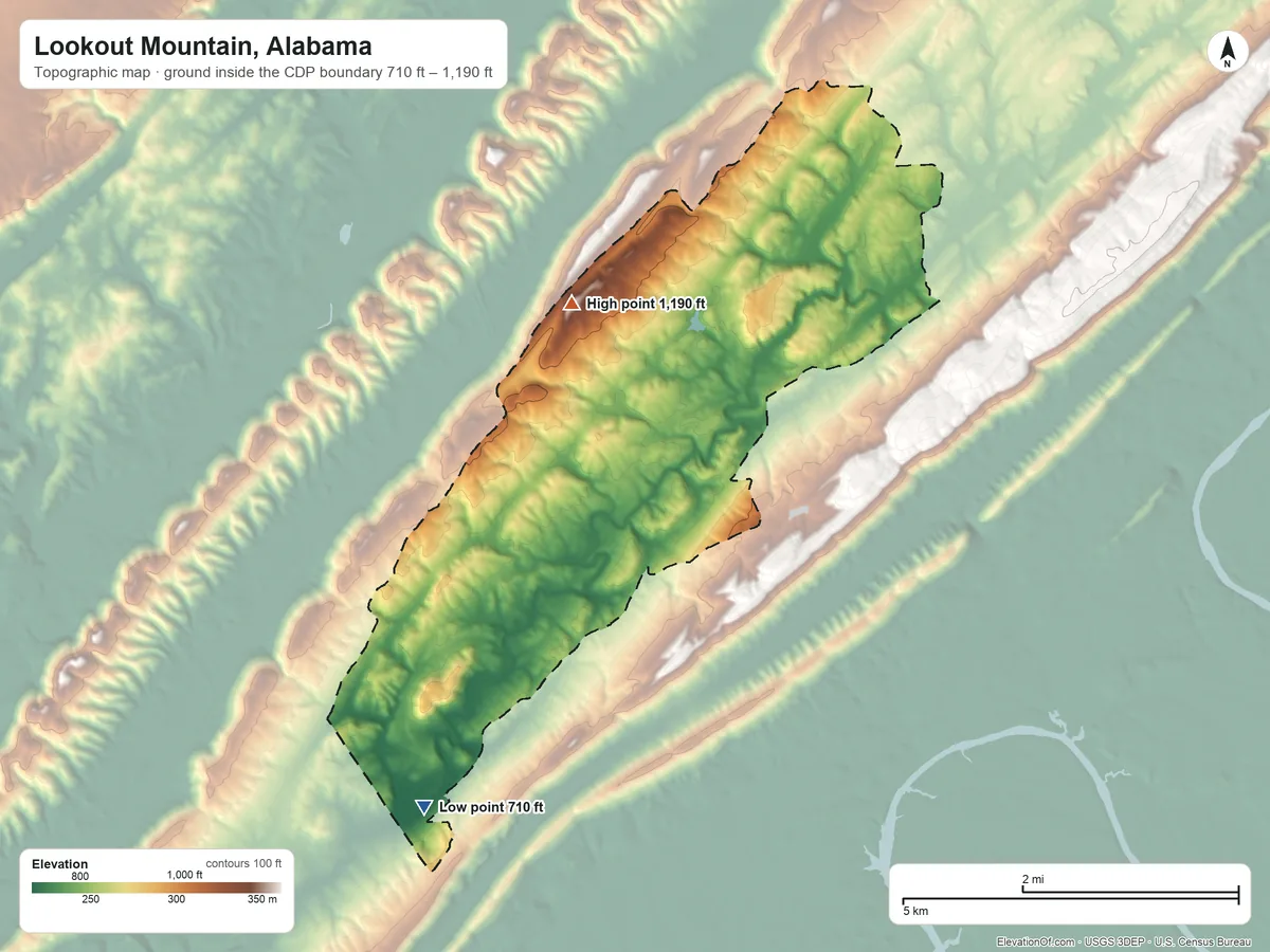 Topographic elevation map of Lookout Mountain, Alabama, shaded from 710 ft on the southwest side to 1,190 ft on the north side