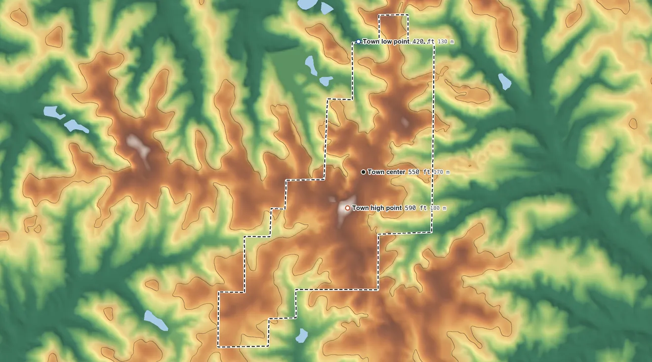 Topographic elevation map of Louisville, Alabama, shaded from 420 ft on the north side to 590 ft near the middle