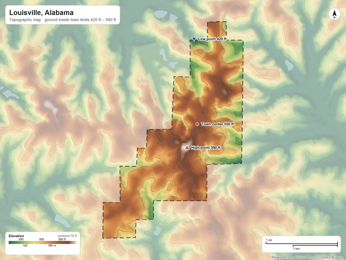 Topographic elevation map of Louisville, Alabama, shaded from 420 ft on the north side to 590 ft near the middle
