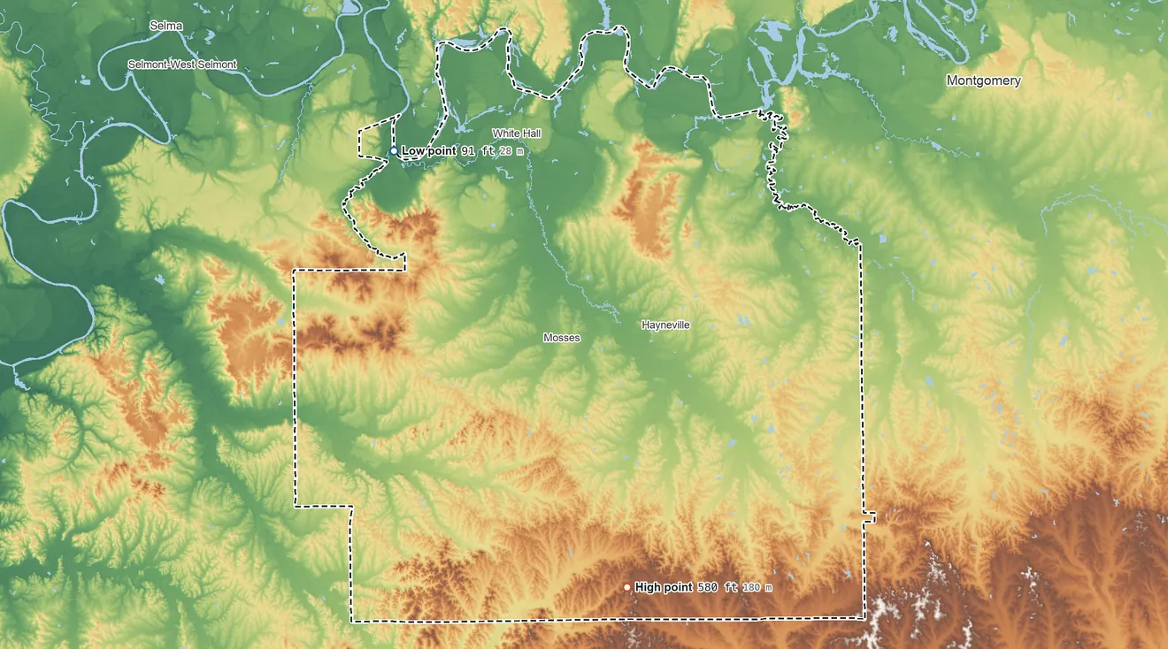 Topographic elevation map of Lowndes County, Alabama, shaded from 91 ft on the northwest side to 580 ft on Barganier Hill
