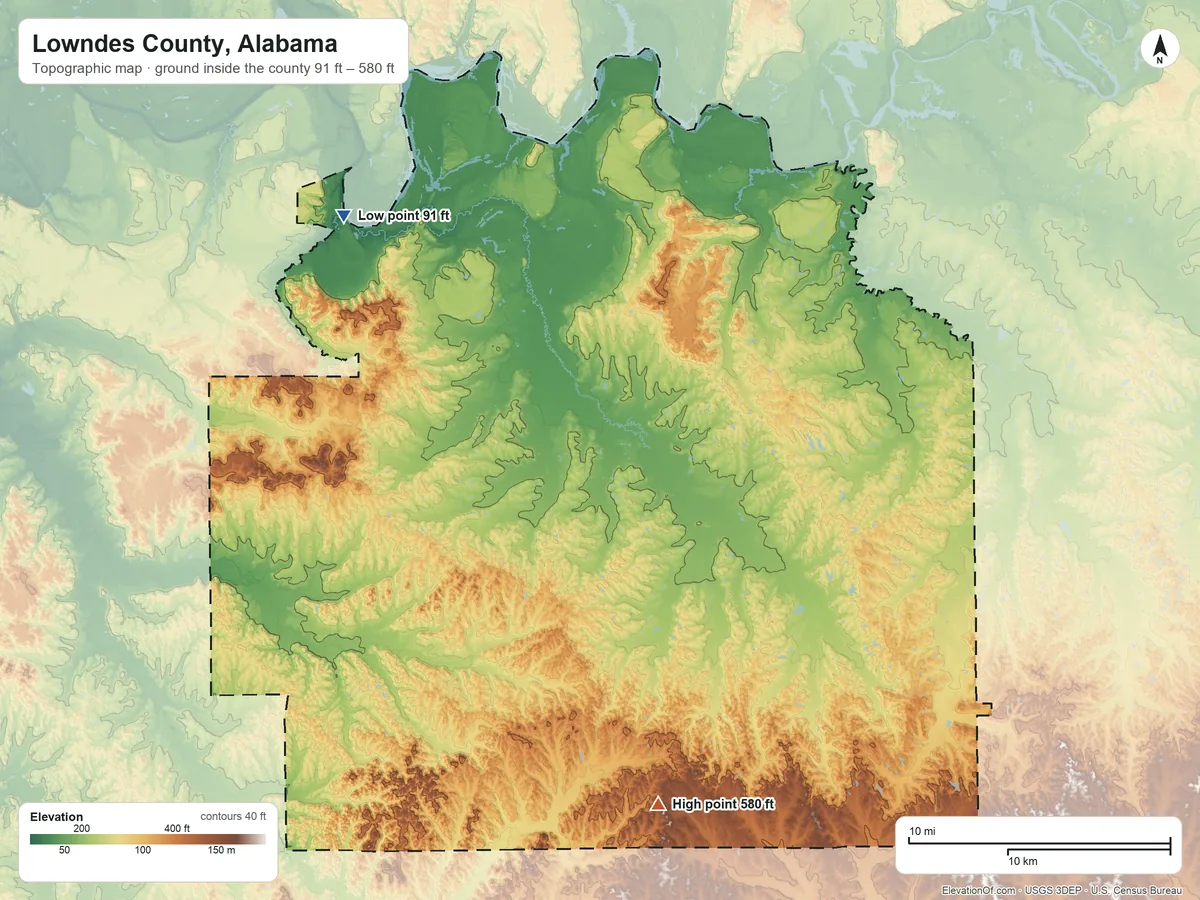 Topographic elevation map of Lowndes County, Alabama, shaded from 91 ft on the northwest side to 580 ft on Barganier Hill